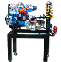 Двигатель ВАЗ 2108-09 в сборе со сцеплением и коробкой передач, передней подвеской и рулевый механизмом, на подставке (Агрегаты в разрезе)